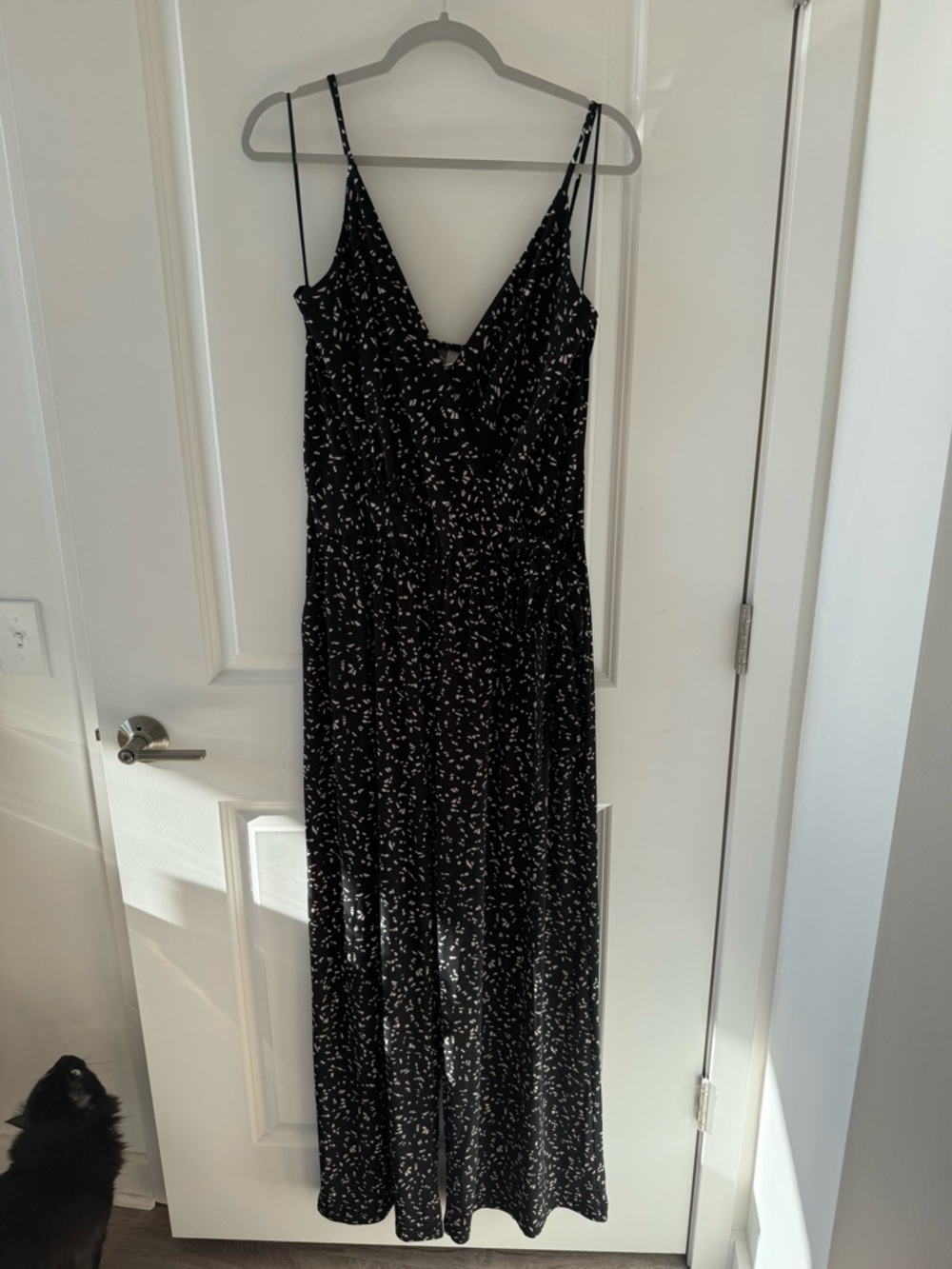 Black Patterned V-Neck Jumpsuit